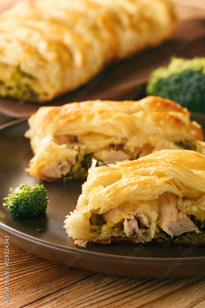Homemade pie stuffed with broccoli, chicken and cheese. Homemade pie stuffed with broccoli, chicken and cheese.