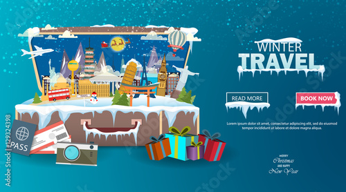Winter travel. Travel to World. Vacation. Road trip. Tourism. Open suitcase with landmarks. Journey. Travelling illustration. Merry Christmas banners in flat style. EPS 10. Colorful.