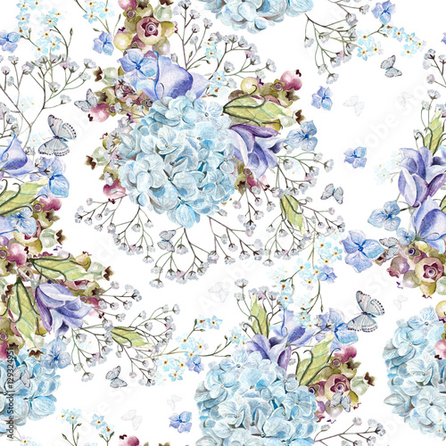 Beautiful watercolor pattern with eucalyptus branches and hydrangea flowers, eustomiya, wildflowers, saskatoon berries.  Illustrations. photo