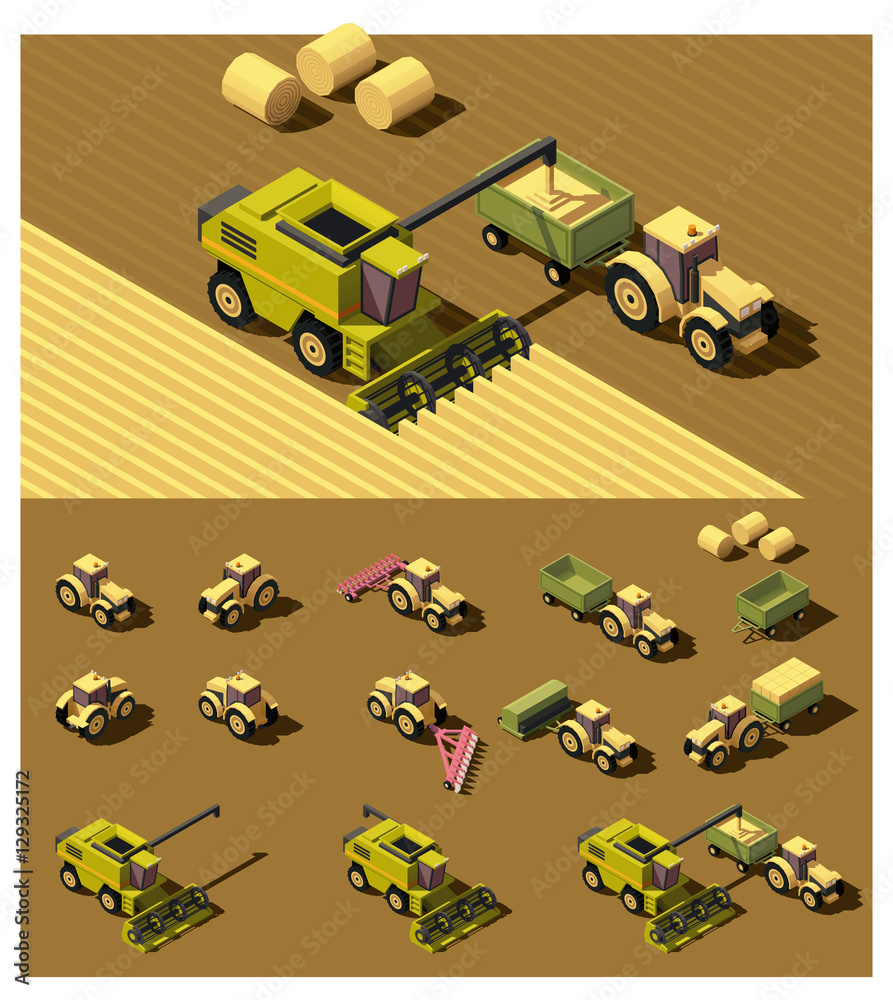 Naklejka premium Vector isometric low poly agricultural machinery