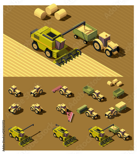 Vector isometric low poly agricultural machinery