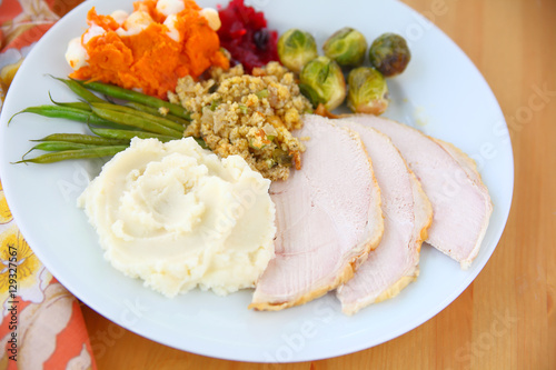 Traditional Thanksgiving dinner on white plate 