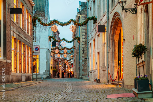 Shopping street with christmas lights in Maastricht photo