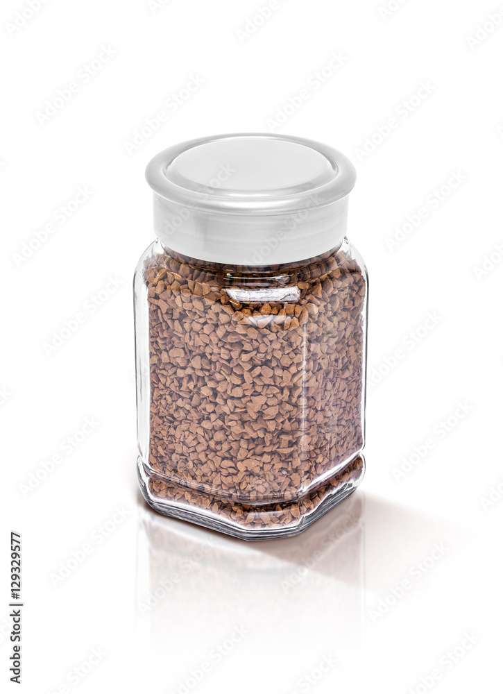 glass bottle packaging of freeze dried coffee isolated on white glass bottle packaging of freeze dried coffee isolated on white