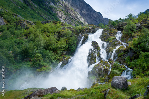 Briksdalsbreen national park waterfall.