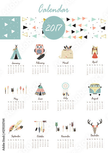 Colorful cute monthly calendar 2017 with tent,whale,feather,arro