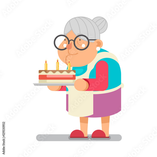 Bake complimentary cake Household Granny Old Lady Character Cartoon Flat Design Vector illustration