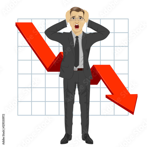 business man grabbed his head. Red arrow. Financial down graph. Falling trend. Crisis