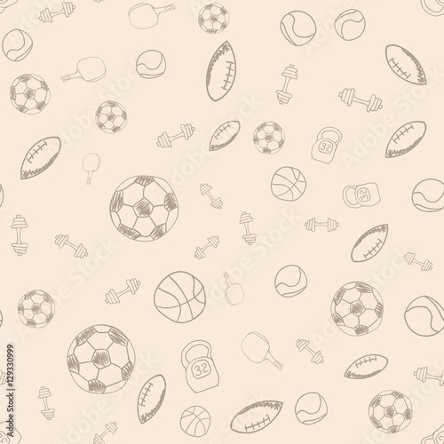 Sport doodle hand drawn icons seamless pattern, tiling ornament on white. Vector illustration