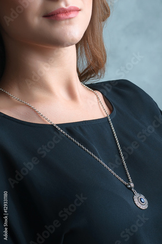 beautiful and luxury necklace with jewelry on beauty woman neck