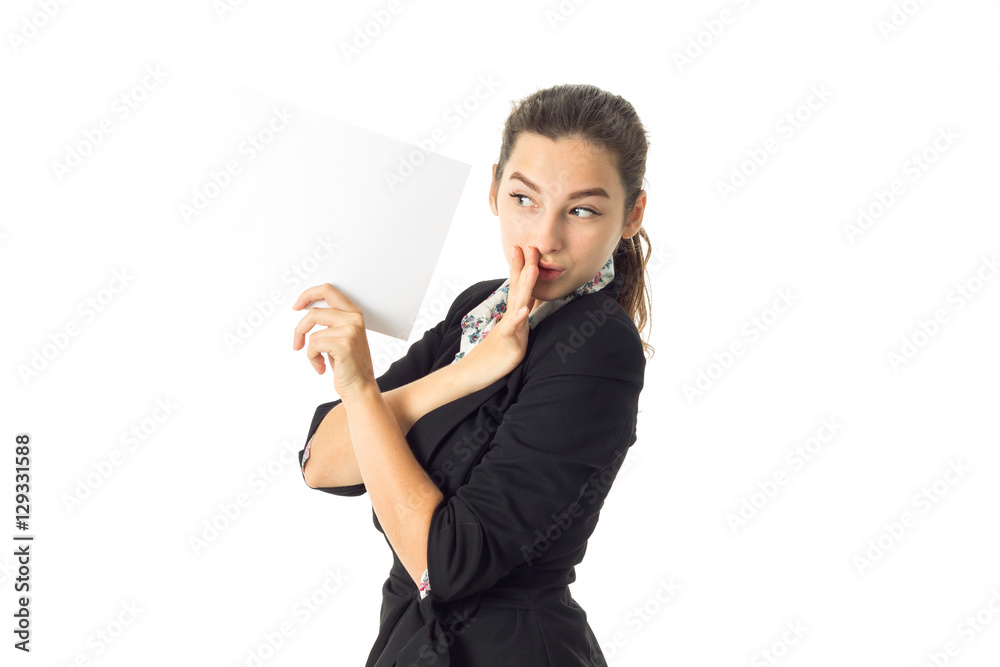 woman in uniform with white placard in hands woman in uniform with white placard in hands