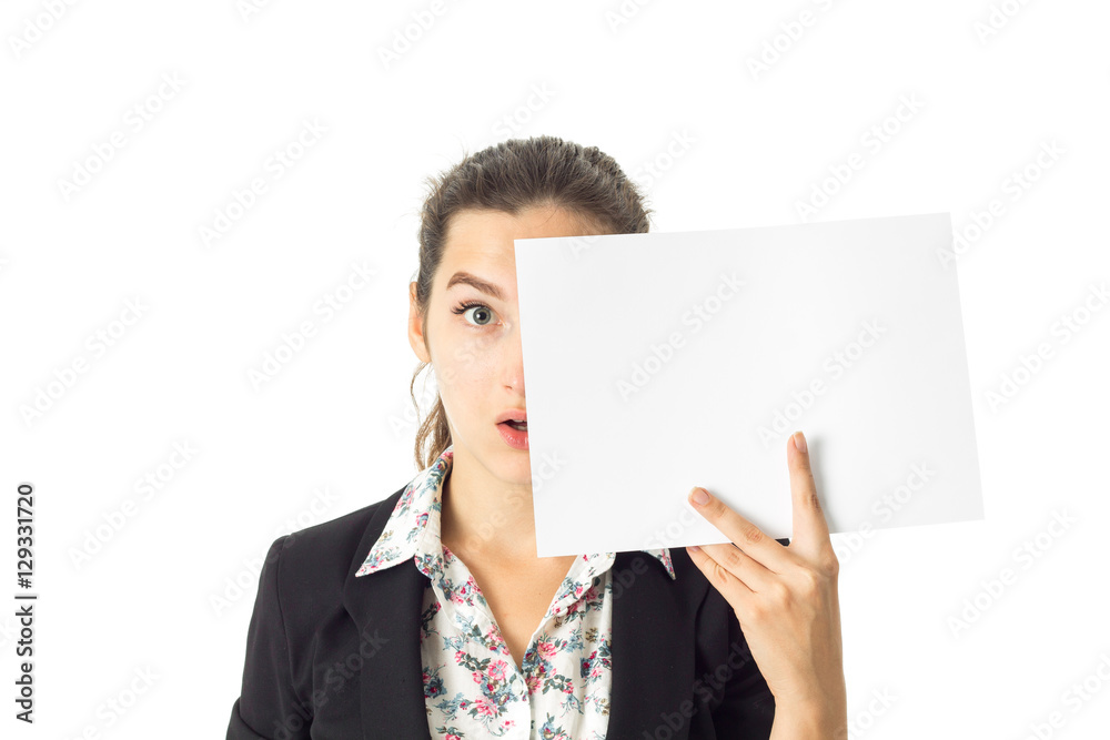woman in uniform with white placard in hands woman in uniform with white placard in hands
