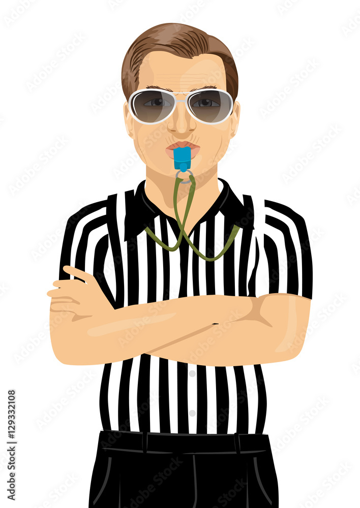 referee with sunglasses blowing whistle standing with arms folded referee with sunglasses blowing whistle standing with arms folded