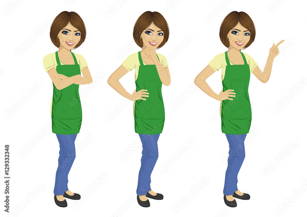 young woman wearing green upron standing in different poses young woman wearing green upron standing in different poses