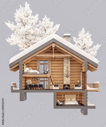 3d rendering section of chalet