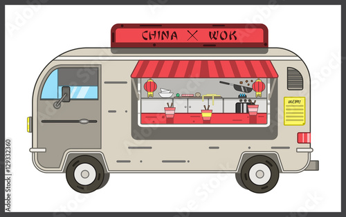 China wok.Mobile restaurant.Chinese fast food.Flat fast food car