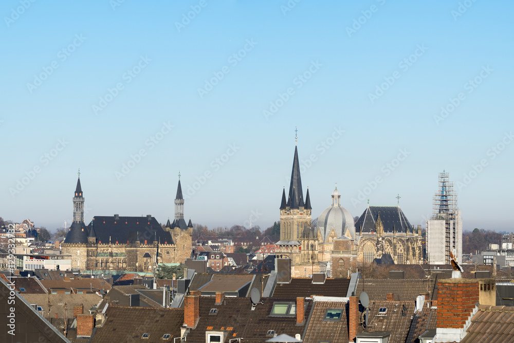 Town hall and cathedral of Aachen - panoramic rooftop view