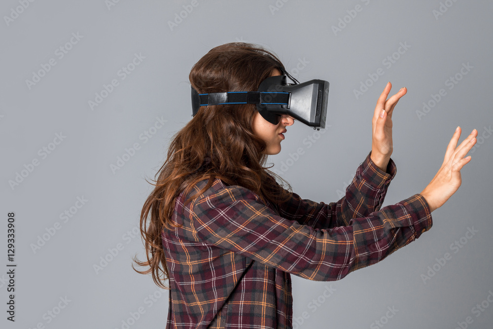 cutie woman testing virtual reality helmet cutie woman testing virtual reality helmet
