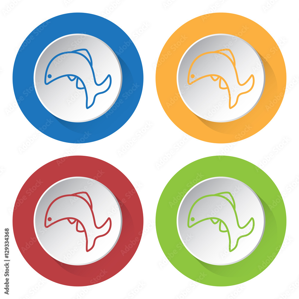four round color icons, jumping fish