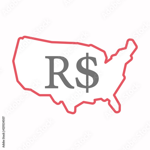 Isolated map of USA with a brazillian real currency sign