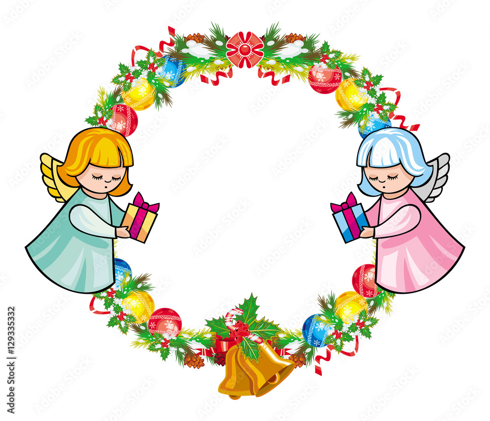 Round holiday garland with ornaments and angels bring presents. 