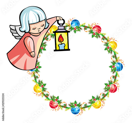 Round holiday garland with ornaments and little flying angel. 