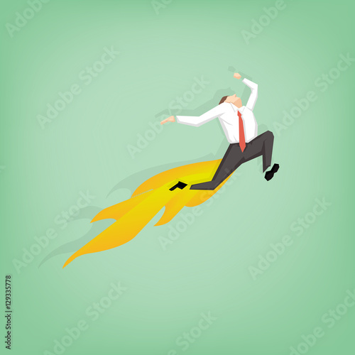 businessman jumping over the air and have fire from ass