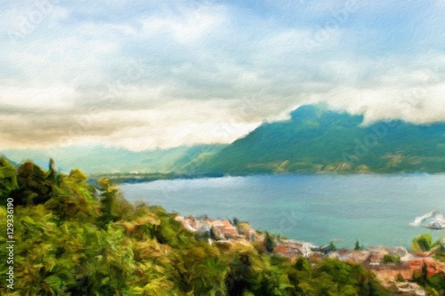 Fototapeta Naklejka Na Ścianę i Meble -   Lake Lugano. Switzerland. Europe. Oil painting effect.