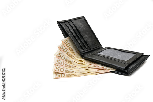 Euro money in wallet isolated on white background.