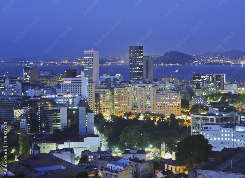 Naklejka premium Brazil, City of Rio de Janeiro, City Center Skyline viewed from the Parque das Ruinas in Santa Teresa.
