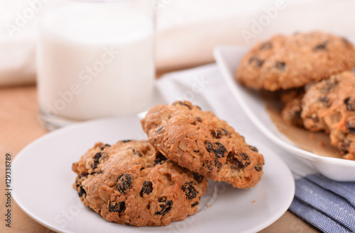 Oatmeal raisin cookies and milk