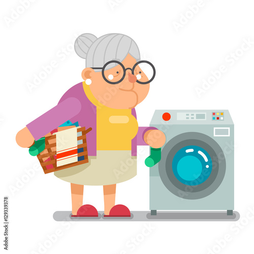 Wash dirty laundry in washing machine Household Granny Old Lady Character Cartoon Flat Design Vector illustration