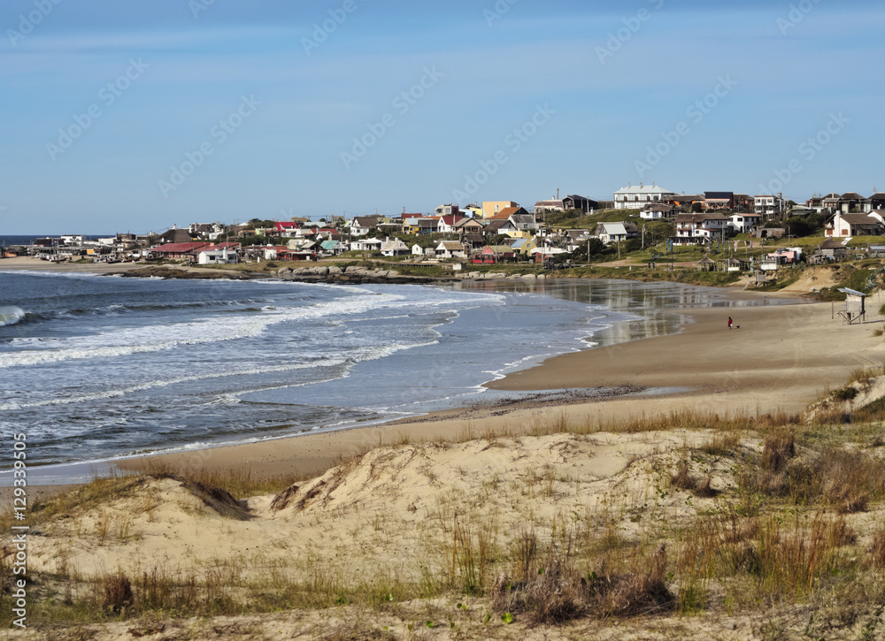 Uruguay, Rocha Department, Punta del Diablo, View over Rivero Beach towards the village.