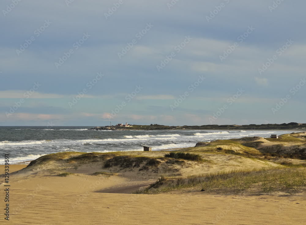 Uruguay, Rocha Department, Punta del Diablo, View of the la Viuda Beach. Uruguay, Rocha Department, Punta del Diablo, View of the la Viuda Beach.