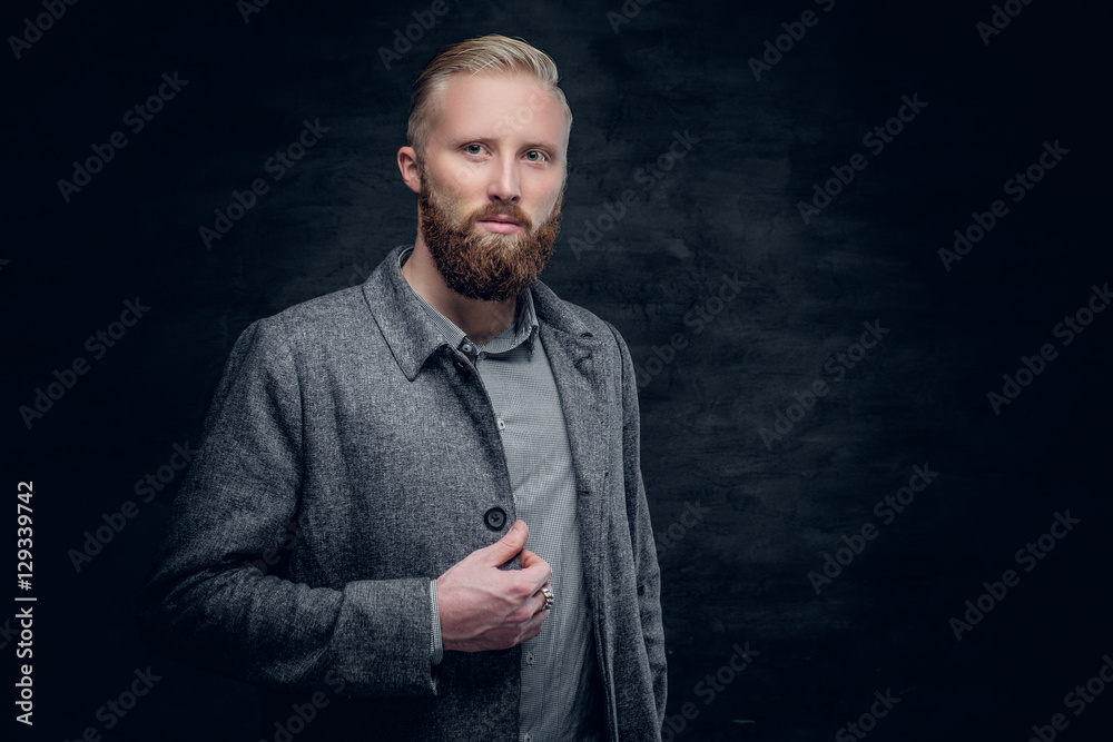 Bearded blond male dressed in elegant, classic jacket. Bearded blond male dressed in elegant, classic jacket.
