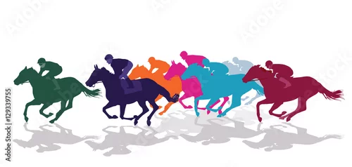 Obraz Dżokeje z końmi wyścigowymi