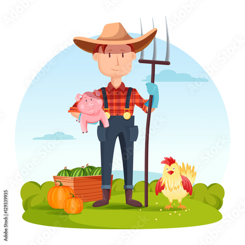 Farmer with pitchfork and pork, vegetables, hen