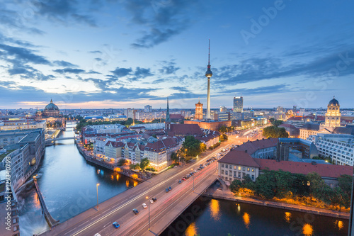 Berlin skyline with Spree river at night  Germany