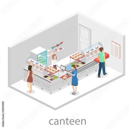 Isometric flat 3D vector interior of a coffee shop or canteen.