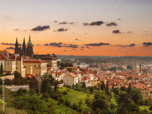 View of the historic part of Prague with St. Vitus Cathedral at sunset, Czech Republic photo