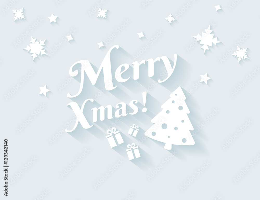 Merry xmas white text with long shadows for christmas greetings. Flat illustration of modern christmas tree and gifts with greetings text and snowflakes on blue background. Merry xmas white text with long shadows for christmas greetings. Flat illustration of modern christmas tree and gifts with greetings text and snowflakes on blue background.