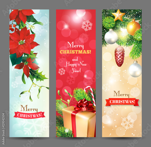 . Christmas vertical banners with Christmas decoration, fir branches, cones, poinsettia flowers, baubles, gifts and greeting. Vector set. 