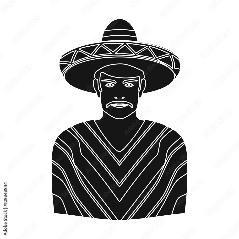 Mexican man in sombrero and poncho icon in black style isolated on ...
