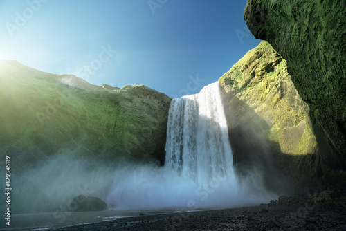 Skogarfoss waterfall and summer sunny day  Iceland