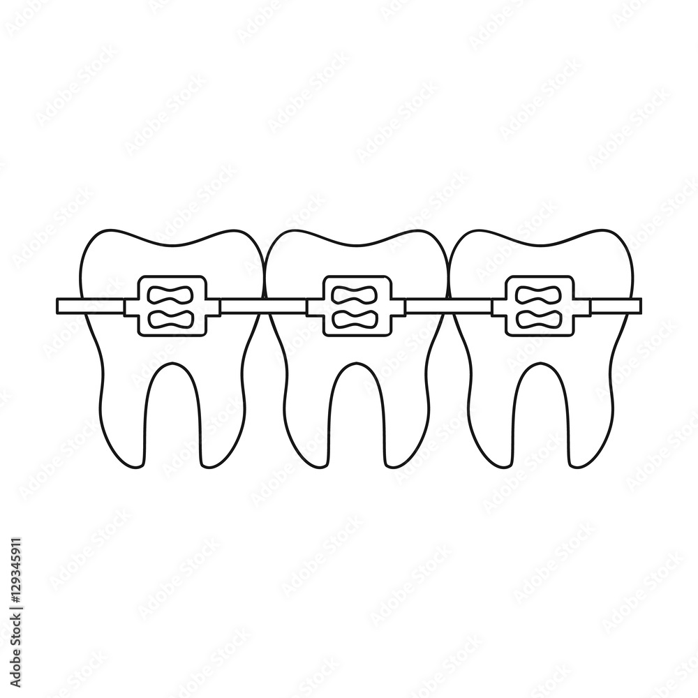 Teeth with dental braces icon in outline style isolated on white ...