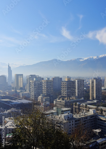 Chile, Santiago, Cityscape viewed from the Santa Lucia Hill.