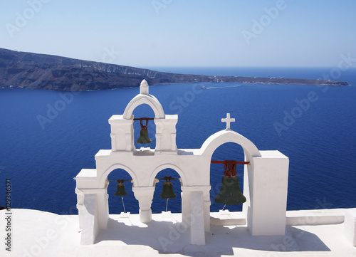 White bell tower on Santorini