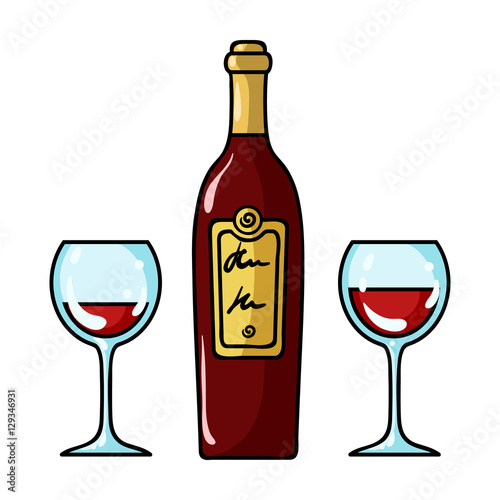 Bottle of red wine with glasses icon in cartoon style isolated on white background. Restaurant symbol stock vector illustration.