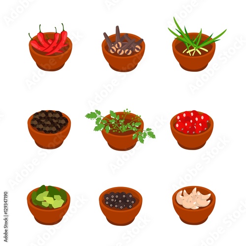 Isometric and cartoon style flavorful spices, condiments icon. Vector illustration. White background.