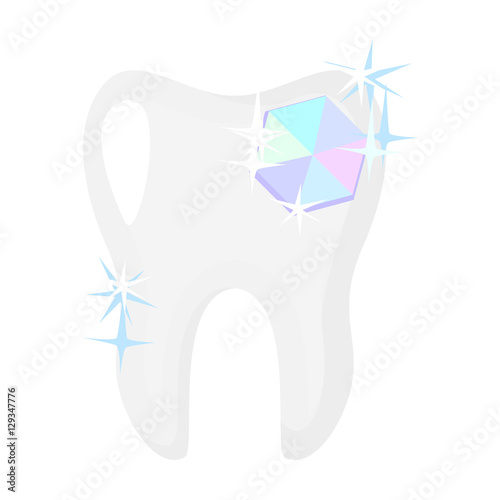 Tooth with diamond icon in cartoon style isolated on white background. Dental care symbol stock vector illustration.